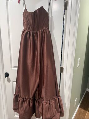 Satin Brown Strapless Ruffle-Hem Gown